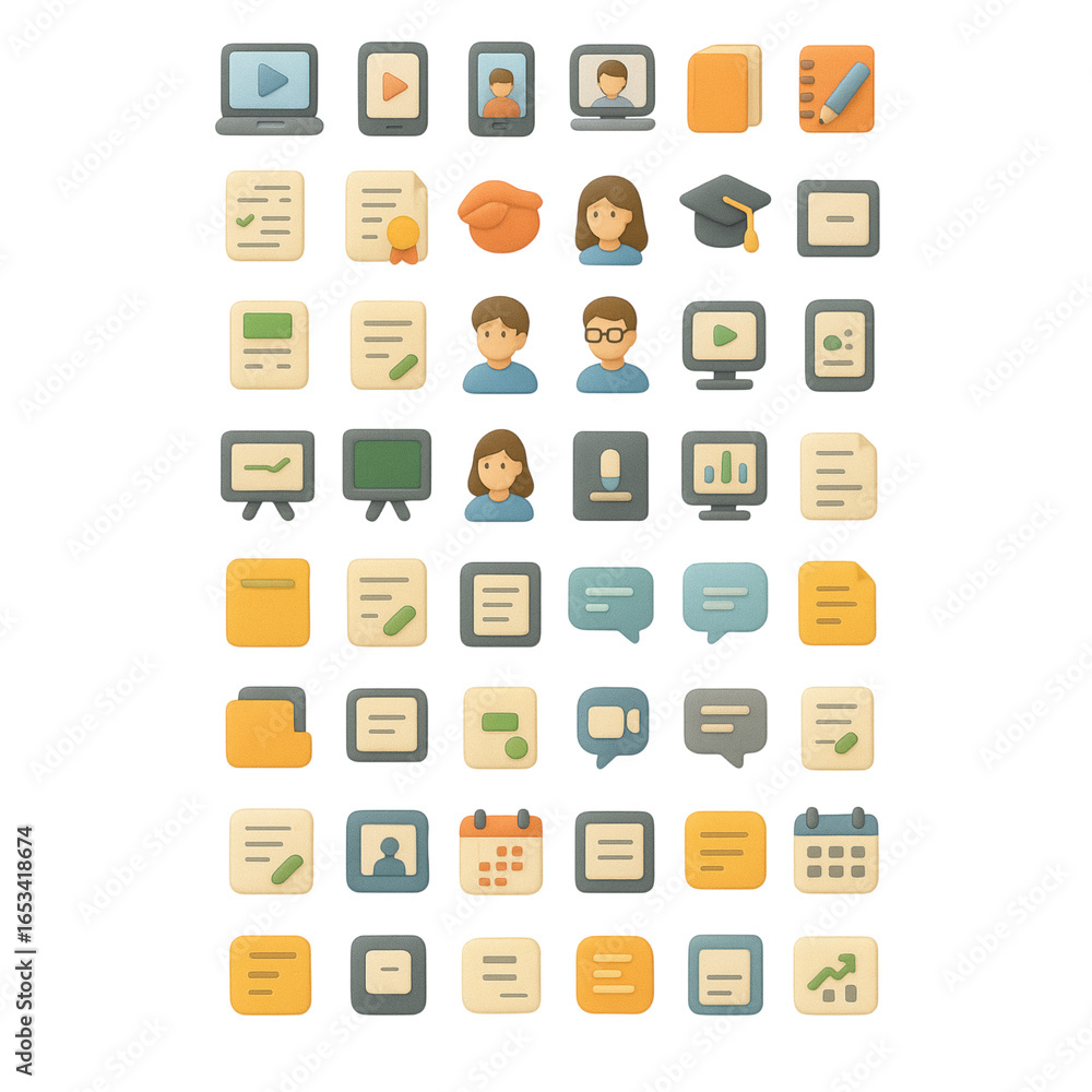 Poster diverse set of digital learning and online education icons laptop video player transparency backgrou