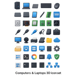 Diverse collection of 3D computer and technology icons on a transparency background black background laptop tablet isolated on a transparent background