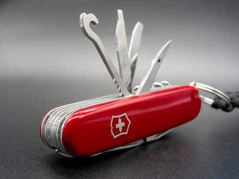 Zapopan Jalisco, Mexico - August 15, 2025: Close-up of Victorinox Ranger folding knife Ref. 1.3763
