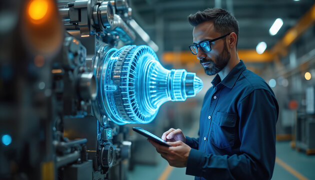 Engineer uses tablet in factory interacting with futuristic holographic machinery. Modern manufacturing, innovation, AI technology, smart system, automation, logistic control, virtual reality
