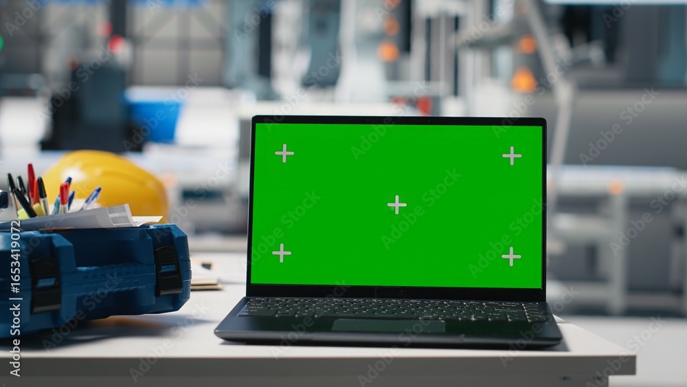 Poster empty desk and workspace with safety glasses and pc display setup in a solar energy facility, where 