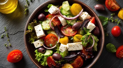 Fresh Greek Salad with Feta, Olives, and Herbs on Dark Slate