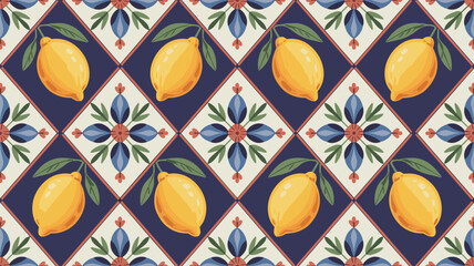 Blue and yellow lemon tile pattern with floral accents