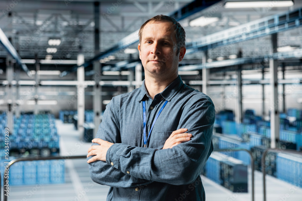 Poster portrait of data center engineer analyzing infrastructure performance, resolving hardware failures. 