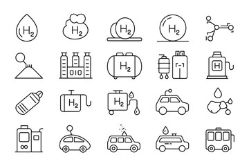 Hydrogen energy icons and symbols for transportation and industry