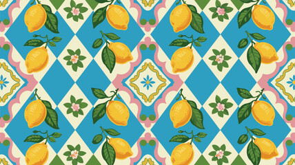 Italian majolica pattern with lemons and flowers fruit