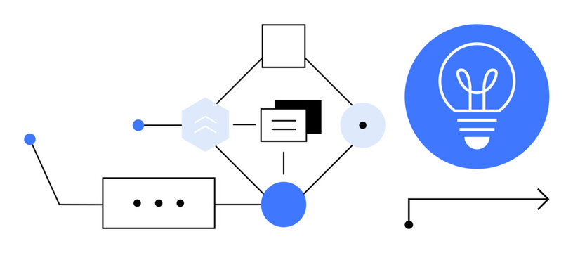 Geometric shapes, lines, and icons forming process flow ending in a blue light bulb signifying ideas. Ideal for innovation, brainstorming, strategy, process design, creativity, teamwork simple