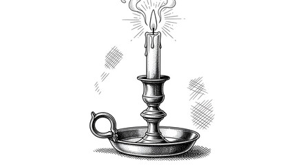 Obraz premium Candle Holder vector illustration. Vintage Candlestick. Old candleholder for painted by black inks in etching style. Drawing of antique lamp with candlelight for icon or logo. Vintage engraving.