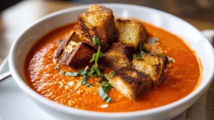 Creamy Tomato Soup with Croutons and Basil