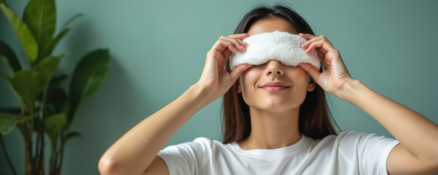 Young woman applies soft eye mask for vision relief. She relaxes in serene home environment, promoting self-care and eye strain reduction. Gentle compress offers comfort and calmness for tired eyes.