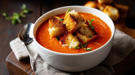 Creamy Tomato Soup with Croutons and Fresh Herbs