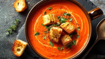 Creamy Tomato Soup with Grilled Croutons and Herbs on Slate