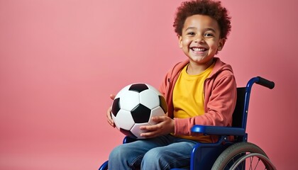 Young boy sits in wheelchair holding soccer ball. He has afro hair and smiles brightly. Sport activity for kids with disability. Theme inclusion, accessibility, health care, aspiration.