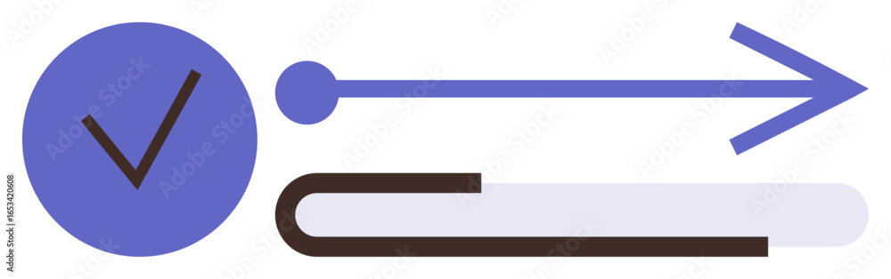 Poster circle with checkmark, straight arrow pointing right, and progress bar conveying achievement, effici