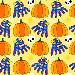 Autumn harvest vegetable seamless monster Halloween pumpkins pattern for wrapping paper and fabrics