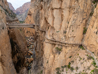 Caminito del Rey walking trail, Kings little pathway, Aerial Drone views of El Chorro Gorge,...
