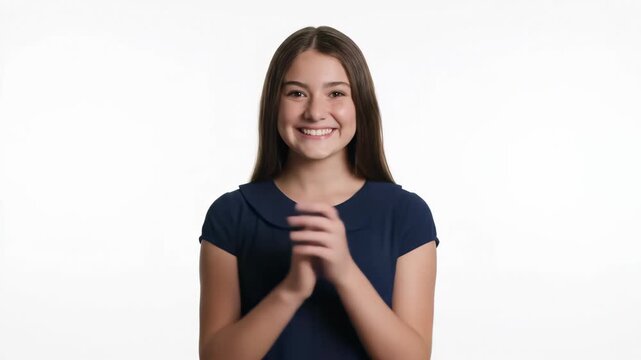 Smiling young girl clapping with joy on white screen background, concept for back to school celebration, educational success and student achievement