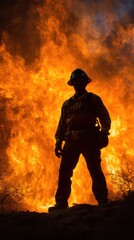 Obraz premium A dedicated firefighter stands resolutely in silhouette, confronting towering flames that engulf the landscape during a fierce wildfire. Darkness looms as destruction unfolds
