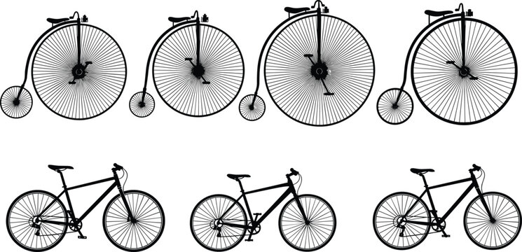 Vintage penny‑farthing and modern bicycle silhouettes, evolution of bike design vector illustration for transport history, cycling, retro, and sports concept artwork