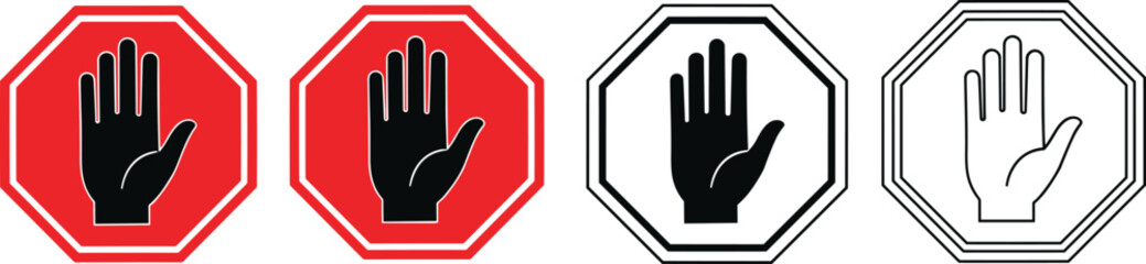 Stop sign warning symbols with hand gesture icons, red and white caution octagon signs, traffic attention, hazard safety, prohibition control, alert