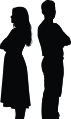 Two people silhouettes standing back‑to‑back with arms crossed, black vector illustration for lifestyle, relationship, posture, and human figure design concepts