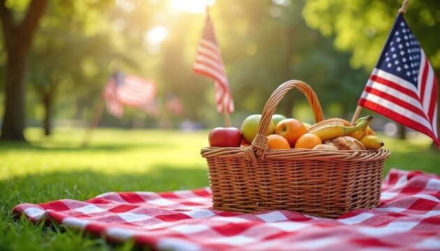 Wicker picnic basket brimming with fresh fruit, pastries rests on red, white checkered blanket in sunny park setting. American flags flutter in background, celebrating patriotic summer holiday - Powered by Adobe
