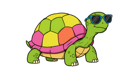 Obraz premium Cartoon turtle wearing sunglasses with a colorful shell, fun, cheerful, and cool appearance.