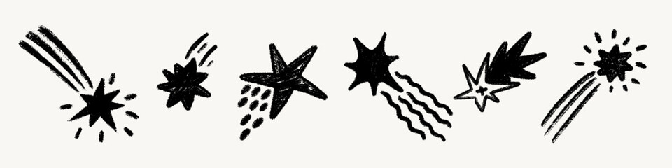 Crayon comet star set hand drawn with rough pencil texture. Meteor doodle stars with trails and sketch lines in playful style. Great for posters, wrapping paper, kids designs, fabric © ✦ Bizarre Factory ✦