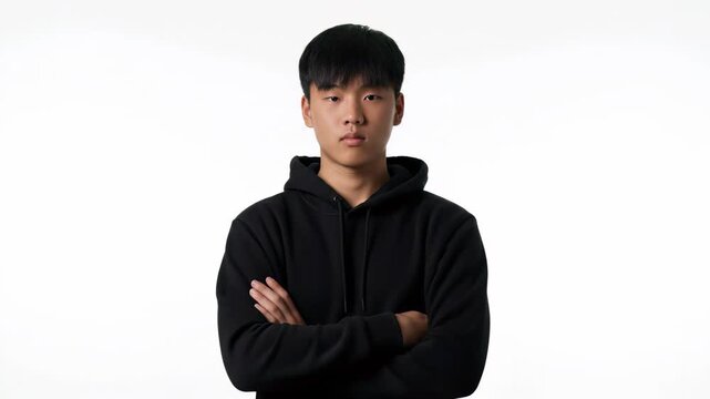 Young Asian man in a black hoodie posing with crossed arms against a white screen background, concept for back to school promotion, student lifestyle and educational content creation