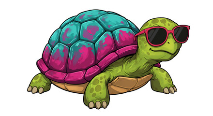 Fototapeta premium Cartoon turtle wearing sunglasses with a colorful shell, fun, cheerful, and cool appearance.