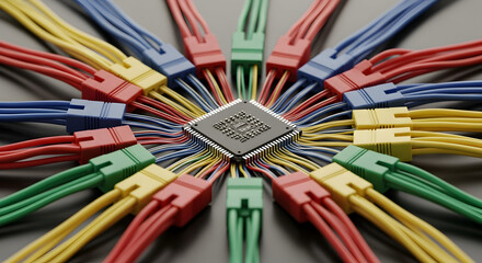 Symmetrical radial composition of multicolored Ethernet patch cables converging on a central microchip — network hardware concept