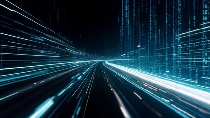 High-speed digital highway visualization with binary code columns and light trails representing data flow