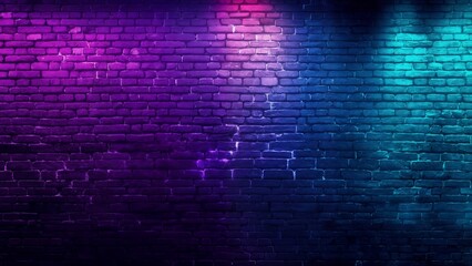 Colorful neon brick wall with gradient lighting transitioning from purple to cyan creating modern urban backdrop