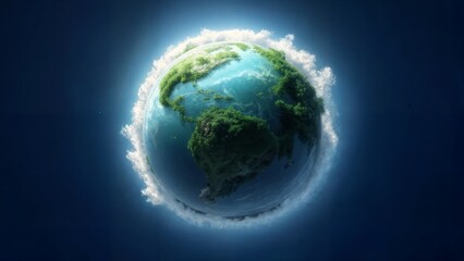 Miniature green planet with lush forests and blue oceans surrounded by clouds in space showing environmental concept