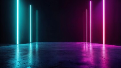 Modern neon light installation with cyan and magenta vertical bars creating vibrant geometric light display