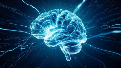Glowing blue brain with electric neural networks and energy connections showing artificial intelligence and cognition
