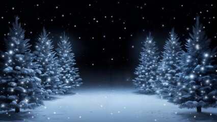 Magical winter forest scene with snow-covered evergreen trees twinkling with fairy lights under starry night sky