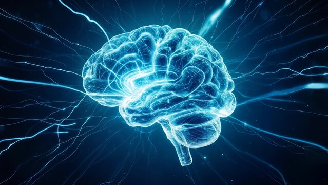 Glowing blue brain with electric neural networks and energy connections showing artificial intelligence and cognition