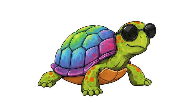 Cartoon turtle wearing sunglasses with a colorful shell, fun, cheerful, and cool appearance.