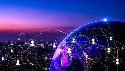 Global network connection over a city at twilight