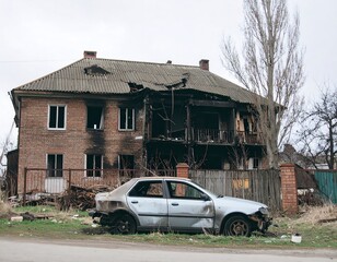 Damaged house and car, aftermath