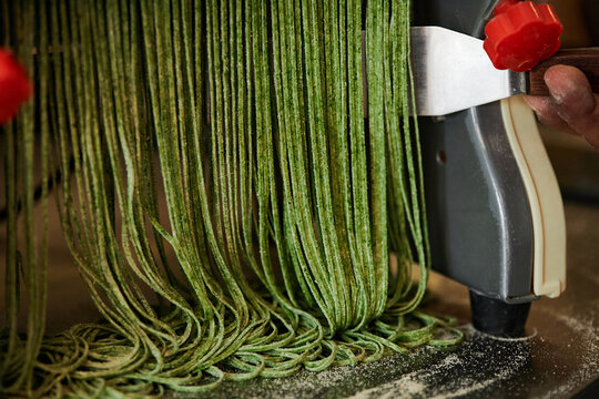 Horizontal close-up no people shot of green dough ribbons hanging from pasta cutting machine