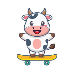 A cheerful cartoon cow happily skateboarding on a sunny day. The cute cow has a playful smile and a cool skateboard
