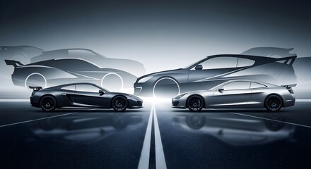 Obraz premium Dynamic duel of futuristic concept sports cars, a vision of automotive innovation and design excellence.