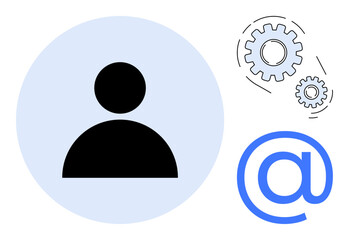 Person icon in a blue circle, surrounded by gears and a large . Ideal for communication, teamwork, networking, user identity, automation, social media and digital concepts. Simple flat metaphor