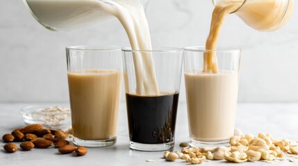 Vegan Milk Pour: Variety of Plant-Based Milk Alternatives in Clear Glasses