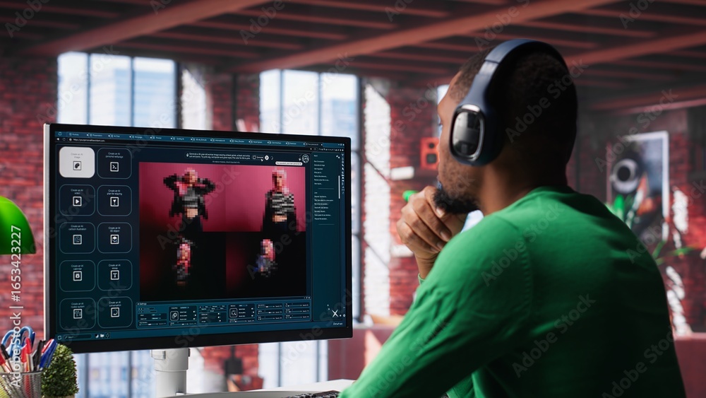 Poster african american it expert using ai technology to generate realistic images from text prompts. young