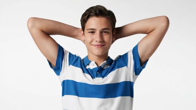 Smiling young man in a striped polo shirt poses against white screen background, concept for casual lifestyle photography, back to school campaign and youth fashion advertising