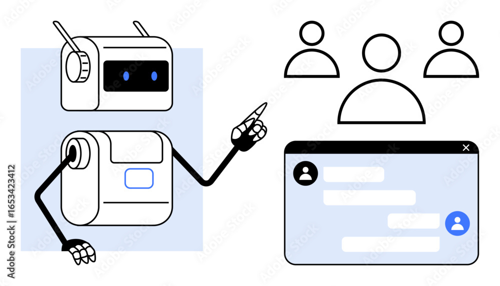 Aufkleber robot pointing at messaging interface with user profiles and chat history. ideal for ai, teamwork, c
