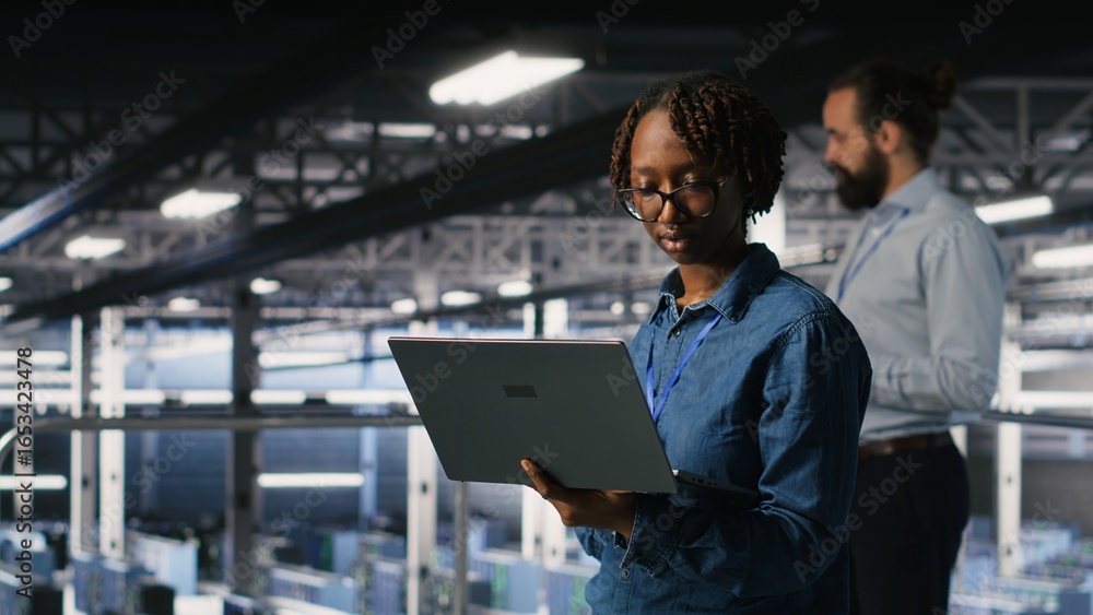 Poster data center software developers using devices to review ai llm visualizations. it professionals work